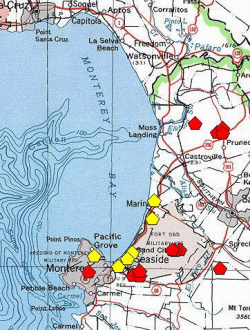 A red polygon indicates an extant occurrence; yellow indicates the occurrence has been extirpated. 